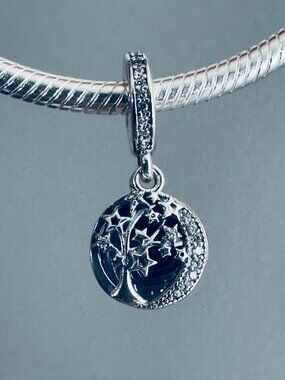 Pandora Family Tree & Galaxy Moon Stars Shimming Midnight Royal Blue Clear CZ